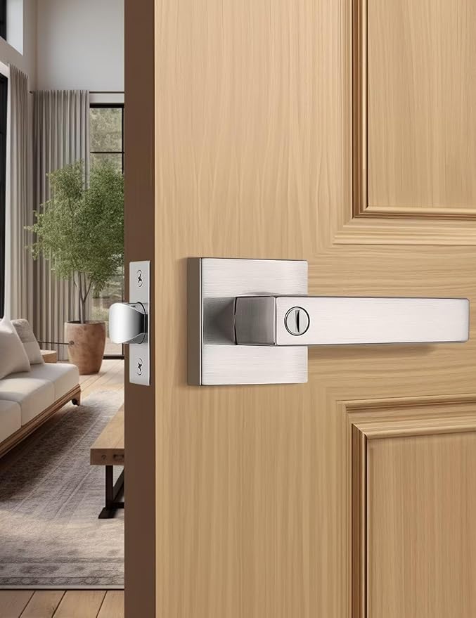 Privacy Square Brushed Nickel Door Handles Interior, Keyless Door Knobs for Bedroom/Bathroom, Reversible for Left Right Handed Doors, 1 Pack