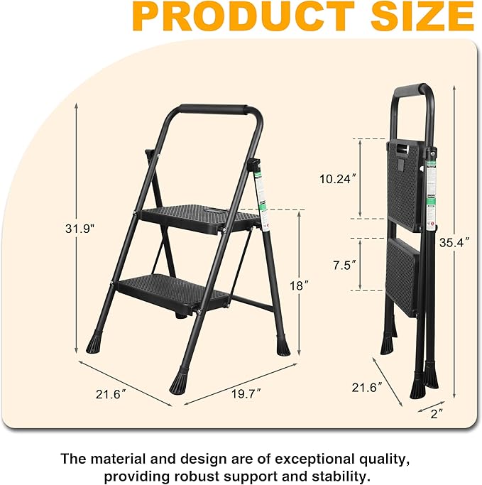2 Step Ladder, Portable Steel Folding Step Stool with Wide Anti-Slip Pedal & Convenient Handgrip, 500lbs Sturdy Steel Ladder, Black