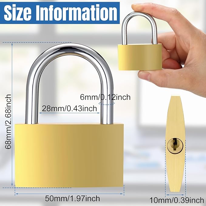 10pcs Solid Brass Keyed Padlock, Small Yellow Gym Lock, Strong Padlock with Same Key for Luggage Toolbox (50mm)