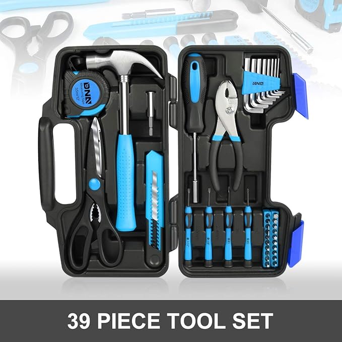 DNA MOTORING 39-Piece Household Tool Set General Repair Small Hand Tool Kit Storage Case for Home Garage Office College Dormitory Use, Blue, TOOLS-00008