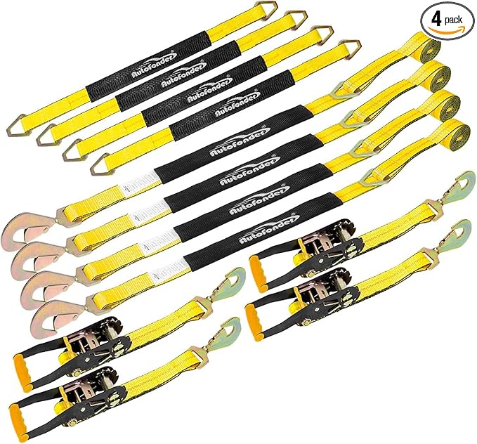 Heavy Duty Adjustable Car Tie Down Kit with Snap Hooks -Break Strength 10,000 lbs-Working Load 3333 lbs-Bonus Includes 4 Pack 36" Axle Straps with D-Ring(Yellow)