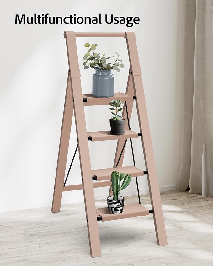 Taranta 4 Step Ladder, Lightweight Aluminum Step Stool with Convenient Handgrip, Folding Ladder with Anti-Slip Pedals, 330lbs Capacity Stepladder for Home, Office, Kitchen - Peach Pink