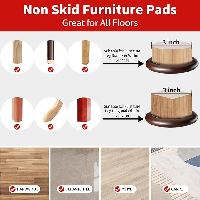 Ezprotekt 3” Non Slip Round Wood Furniture Pads for Hardwood Floors, 4 Pcs Anti Slip Furniture Coaster for Chair Sofa Bed Couch, Furniture Cups with Anti-Slide EVA Anti-Scratch (Dark Brown)