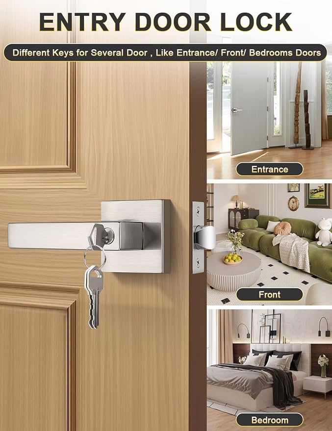 2 Pack Square Entry Door Levers with Lock and Key, Brushed Nickel Entrance Door Handles, for Exterior or Interior Doors, Bedroom, Office, Hotel (Each with 3 Keys)