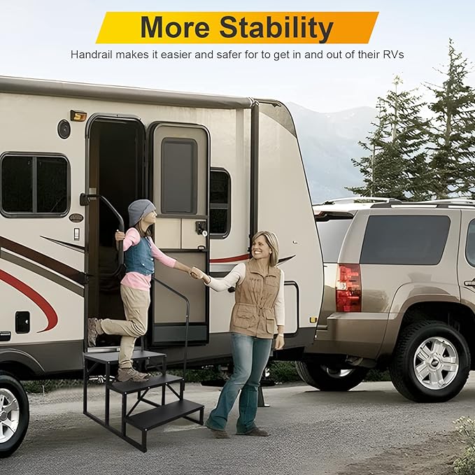 RV Steps with Handrail, Hot Tub Steps with Handrail, Portable Stairs Steps for 5th Wheel RV, Mobile Home Stairs Outdoor RV Step