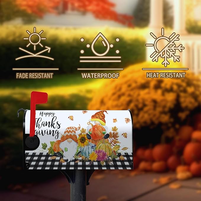 Happy Thanksgiving Mailbox Covers Magnetic Fall Gnomes Pumpkins Mailbox Cover Standard Size 21x18 Inch Decor Black White Plaid Letter Post Box Wraps for Garden Outdoor