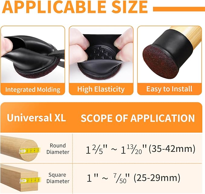 Ezprotekt 8 Pcs Extra Large Chair Leg Protectors with Felt, Silicone Felt Furniture Pads, Floor Protectors for Chair, Bar Stools Leg Protectors Caps, Table Leg Cups Covers (XL Fit: 1.4"-1.65", Black)