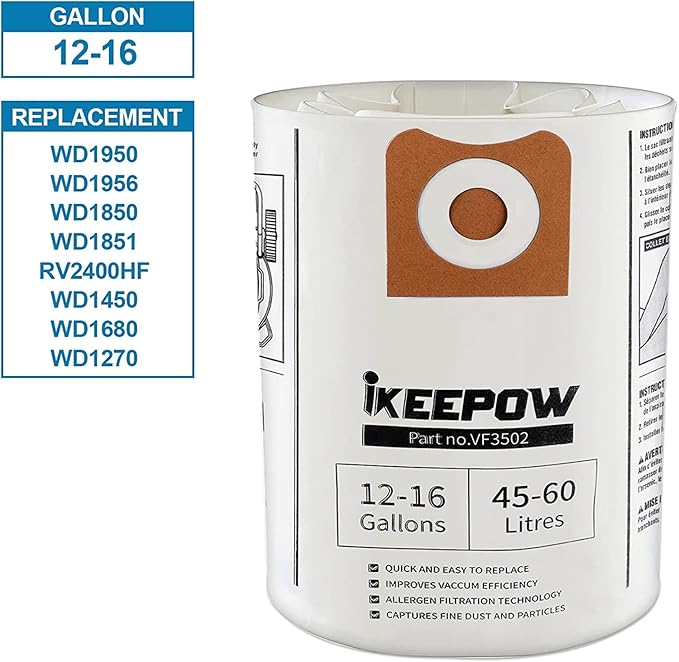 3 Pack VF3502 Shop Vac Bags, Compatible with Ridgid Vacuum 12-16 Gallon, Replacement Fiter Bags, 23743 VF3502 High Efficiency Dust Bags