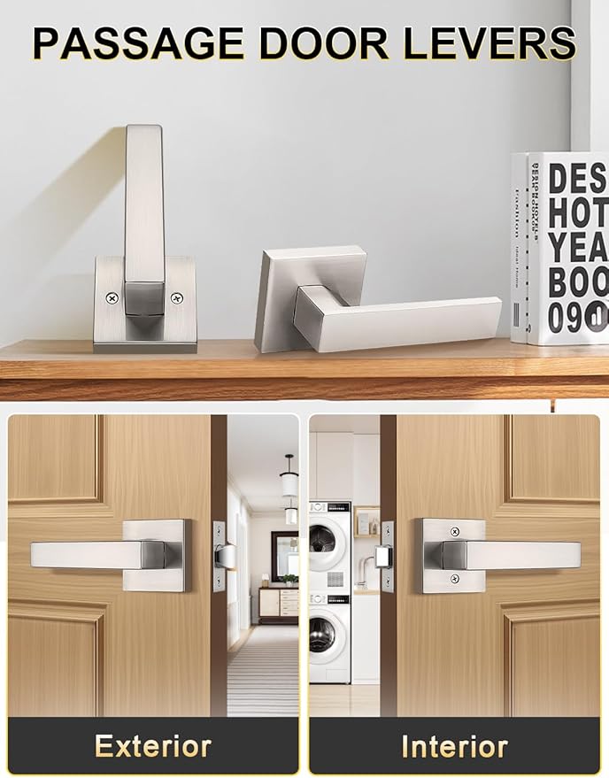 5 Pack Brushed Nickel Passage Door Levers Interior Door Handles, Heavy Duty Closet Hallway Door Handle Sets