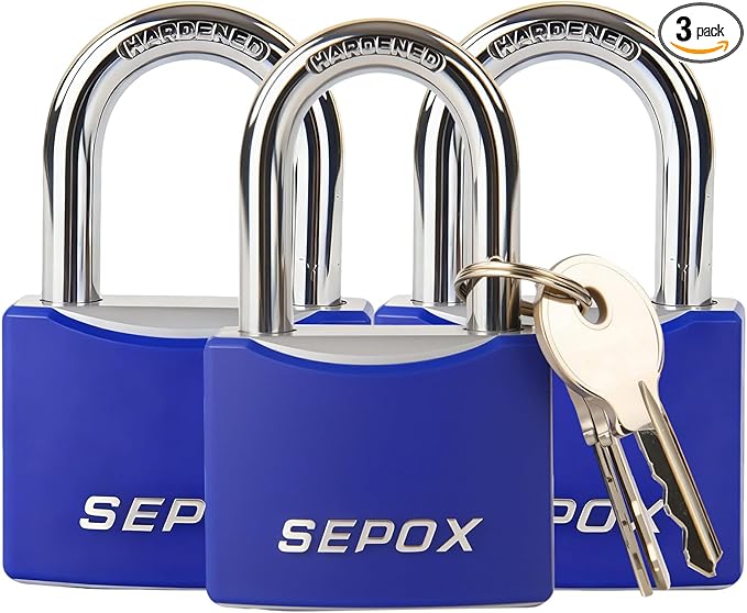SEPOX® 3 Pcs 2" Large Padlock All-Weather Outdoor Pad Locks Keyed Alike, Long Shackle, Solid Steel Lock, Heavy-Duty with Blue Cover, for Gate Fence Cabinet Toolbox School Gym Locker, 3pcs Same Key
