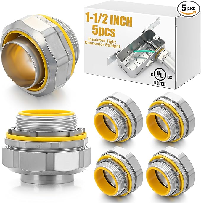 Gisafai 5 Pcs Liquid Tight Connector Straight Insulated Zinc Die Cast Metal Tight Electrical Conduit Fittings for 1-1/2 Inch Flexible and Type B Flexible