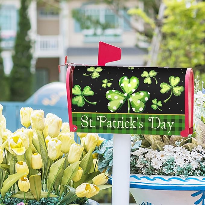 Kawani St Patrick's Day Magnetic Mailbox Covers Green Shamrock Lucky Clovers Mailbox Covers Magnetic Standard Size 25.5x21 Inch St Patricks Day Post Letter Box Cover for Garden Yard Decor