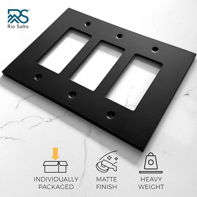 RIO SALTO Modern Metal Matte Black 2-PACK Triple Decorator Wall Outlet Cover Light Switch Cover Double Rocker Decora Electrical Decorator Wall Plate Electric Covers Black Receptacle - Midsize 3 Gang