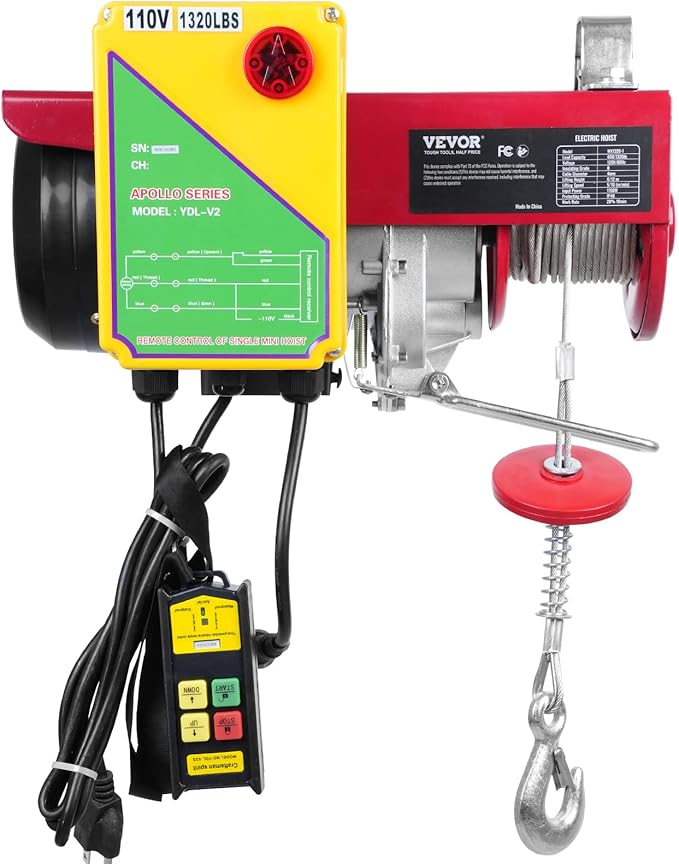 VEVOR 1320lbs Wireless Electric Hoist, 1150W 110V Electric Steel Wire Winch with Wireless Remote Control, 40ft Single Cable Lifting Height & Motor, for Garage Warehouse Factory