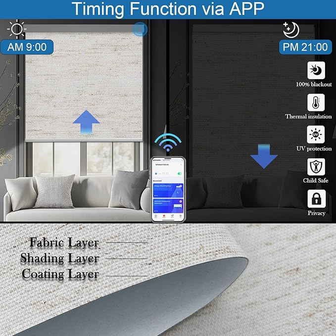 Motorized Blinds with Remote Cordless Automatic Motorized Shades Custom Blinds for Indoor Windows Smart Curtains with Alexa Google Home(Blackout Linen Sandy Beach,W33 x H72in)