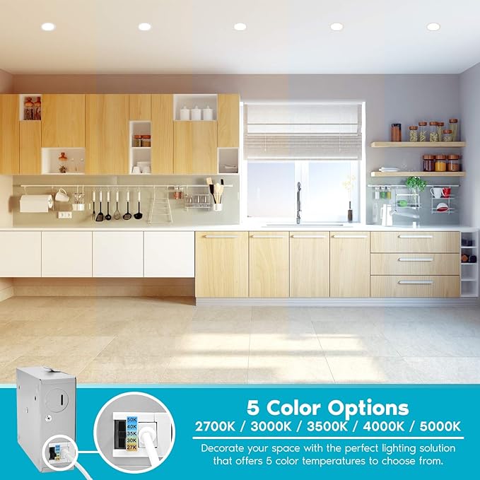 LUXRITE 4 Inch Ultra Thin LED Recessed Light with J-Box, 10W, 5 Color Options 2700K | 3000K | 3500K | 4000K | 5000K, Dimmable Wafer Lights, 750 Lumens, Brushed Nickel, Energy Star, IC Rated