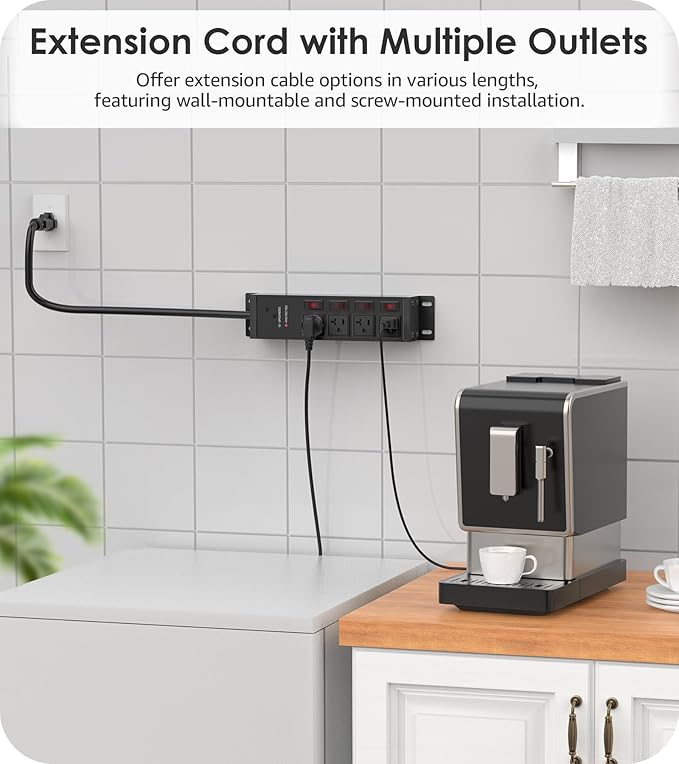 CCCEI Heavy Duty Surge Protector Power Strip 20 Amp Individual Switches. 10FT 12 Gauge Extension Cord with Multiple Outlets. Kitchen, Garage, Shop, Industrial Wall Mount Electric Extender, Black.