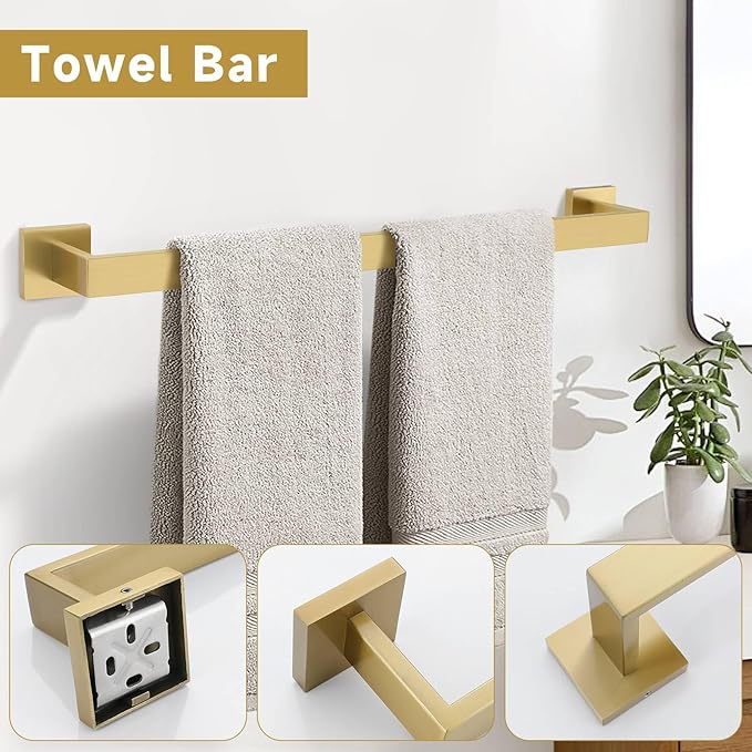 Brushed Gold 5 Pieces Bathroom Hardware Accessories Set Towel Bar Set Towel Holder Racks Set for Bathroom,SUS304 Stainless Steel,Wall Mounted 23.6-Inch