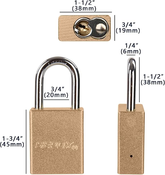 SEPOX® 12 Pcs Ultra-Durable Anti-Rust Outdoor Padlocks - Gold Aluminum, 38mm (1-1/2") with Long Shackle & 24 Same Keys, Ideal for Gate, Storage, Locker, Fence & Lock-Out, High Security