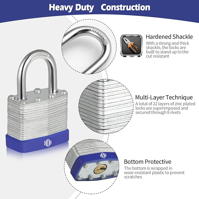 HOX Locks 12-Pack Keyed-Alike Padlocks w/ 1.2” Shackle, 1-9/16” Wide Body, Hardened Steel Case Shackle Padlock, Brass Cylinder - for Hasp Latch, Sheds, Fences, Storage Locker
