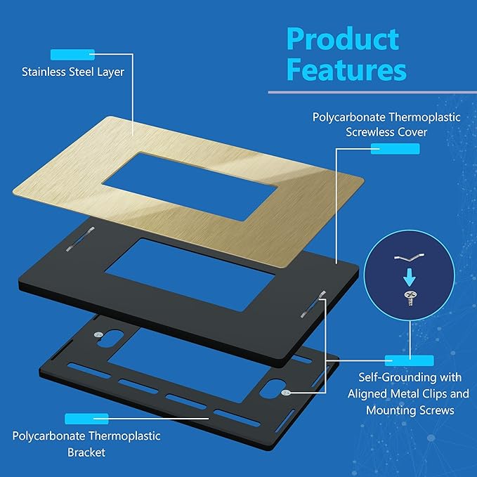LIDER Screwless Metal-Surface Wall Plate, Decorator Switch Cover, Temperature and Impact Resistant, 201 Stainless Steel, Modern Decoration Upgrade, Mid-Size 1-Gang 4.88" x 3.11", Brushed Brass, 2 Pack