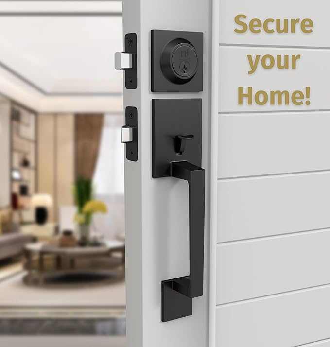 Mega Handles - TOBELLE Black Entry Door Handleset - Single Cylinder Handleset with Lever for Entrance and Front Doors - Modern Door Handles for Left and Right-Handed Doors - Straight Handle