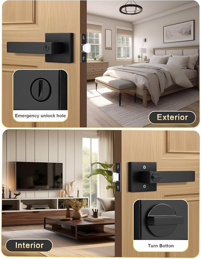 6 Pack Square Privacy Door Levers Locksets in Matte Black Finish, Bed/Bath Door Levers Keyless Interior Handles,Reversible for Left Right Handed Doors