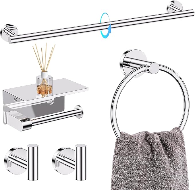 TQKAG 5 Piece Bathroom Towel Bar Holder Sets Polished Chrome Bathroom Hardware Set Stainless Steel Toilet Paper Holder with Shelf Bathroom Accessories Kit Wall Mounted