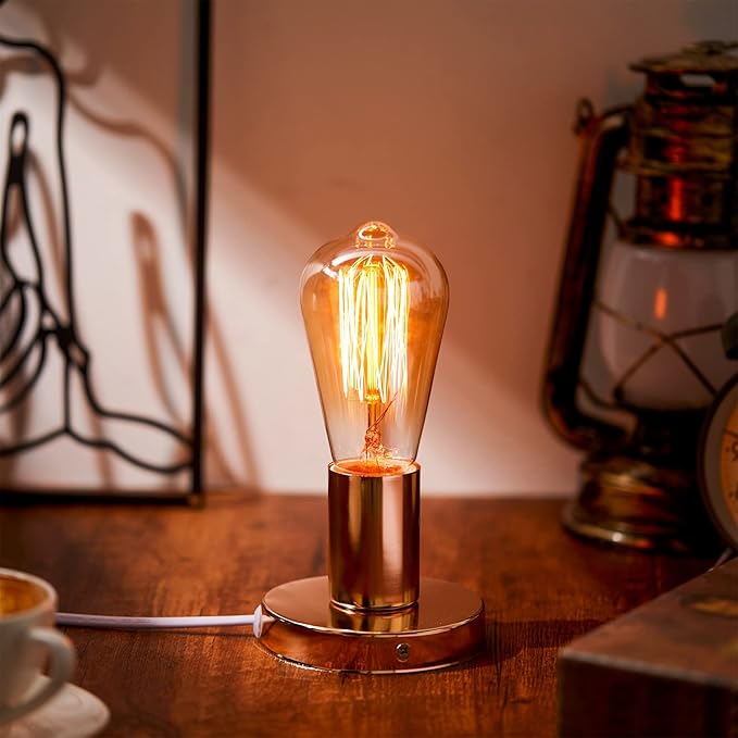 Tuanse 2 Pcs Polished Metal Desktop Lamp Base E26 E27 Screw Light Bulb Holder Sockets Night Light Base Lamp Replacement for Holding Bulb 6 Feet Cord on Off Switch Plug(Gold)