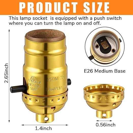 2 Pack UL Listed Lamp Socket with Push On/Off, E26 Threaded Base, Medium Screw Push Socket, Lamp Parts for Floor and Table Lamps, DIY Project (Gold)