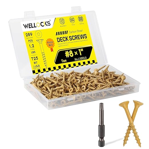 WELLOCKS Deck Screws, Wood Screws, Tan, Superior Rust Resistant, Epoxy Coated, Above 1000 Hour Salt Spray Coating T25 Torx Star Bit Included for Outdoor Wood Fence (1.2LBS Tan, #8×1")