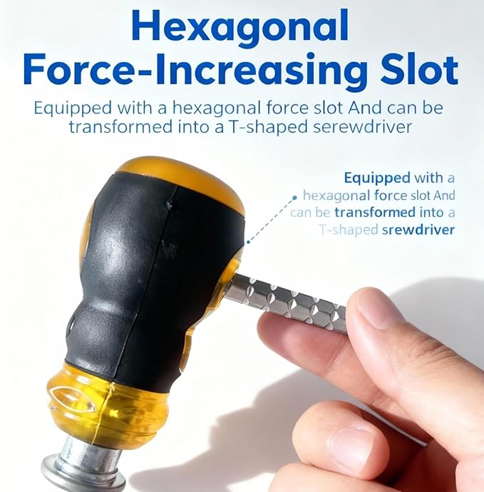 TJ Tool Short Screwdriver, 2-in-1 Stubby Screwdriver with 1/4-Inch Phillips, Slotted, Extended T-Handle