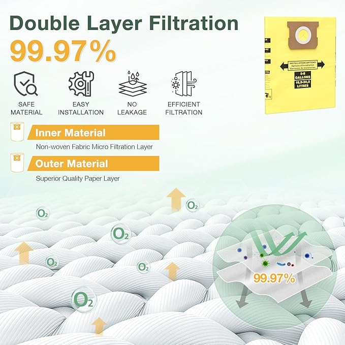 15PCS 5-8 Gallon Wet Dry Vacuum Filter Bags Replacement For Shop Vac Bags, Replace Part Type H #90671 9067100 9067133, Type E #90661 9066100 9066133, VF2004, VHBS VDBS(Yellow)