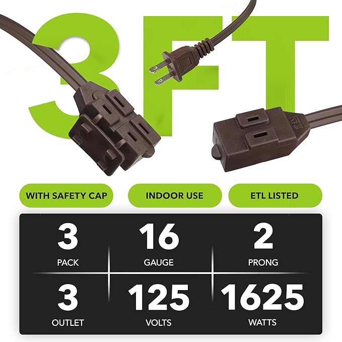 HBN Extension Cord, 3-Pack 3FT Brown, 2 Prong Indoor Extension Cord 16/2 SPT-2, 13A, 1625 W, 3-Outlet Extension Cords for Home/Office Use