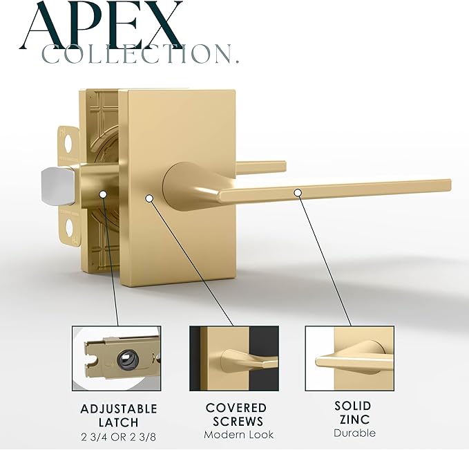 Mega Handles Apex Passage Door Handle - 1 Pack Reversible Gold Door Handle, Heavy Duty No Lock Door Handles Interior for Closet & Hallway, Fits All Standard Door Sizes - Satin Brass