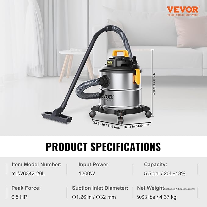 VEVOR Stainless Steel Shop Vac Wet and Dry Vacuum Cleaner 5.5 Gallon 6 Peak HP - Powerful Suction with Blower Function & Attachments 2-in-1 Crevice Nozzle - Perfect for Car Carpet Debris Pet Hair
