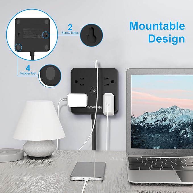 Ultra Flat Plug Surge Protector Power Strip 10 ft Cord,Long Power Strip with 4 Widely Outlets, Thin Extension Cord with 3 USB Ports(1 USB C Port),Slim Desk Charging Station,Black(2 Pack)