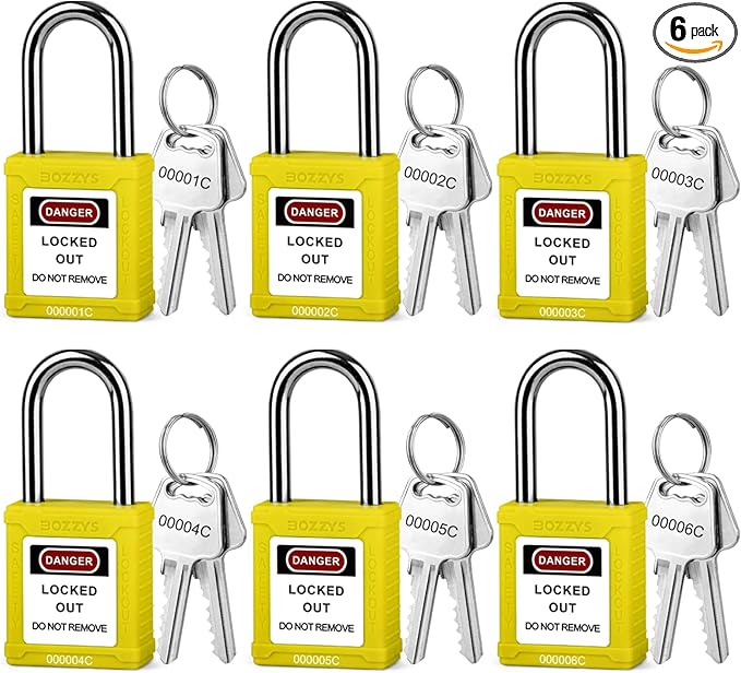 Lockout Tagout Locks 6-Pack|OSHA Yellow Loto Locks Keyed Different|2 Keys/Lock for Industrial Machinery & Electrical Panels|Chrome Steel & Laser Coding