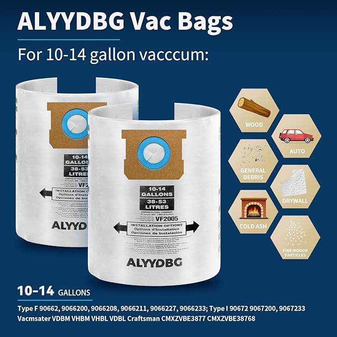 10 Pack Shop Vac 10-14 Gallon Vaccum Bags, ALYYDBG Type F 90662 9066200 9066233, Type I 90672 9067200, 9067211 Filter Bags