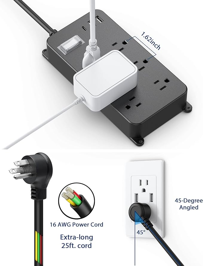 Outdoor Surge Protector Weatherproof,Mountable Power Strip with USB C,IPX6 Waterproof Extension Cord Multiple Outlet for Patio Accessories,6 Outlets and 3 USB Ports,25ft Cable,Flat Plug(2000 Joules)