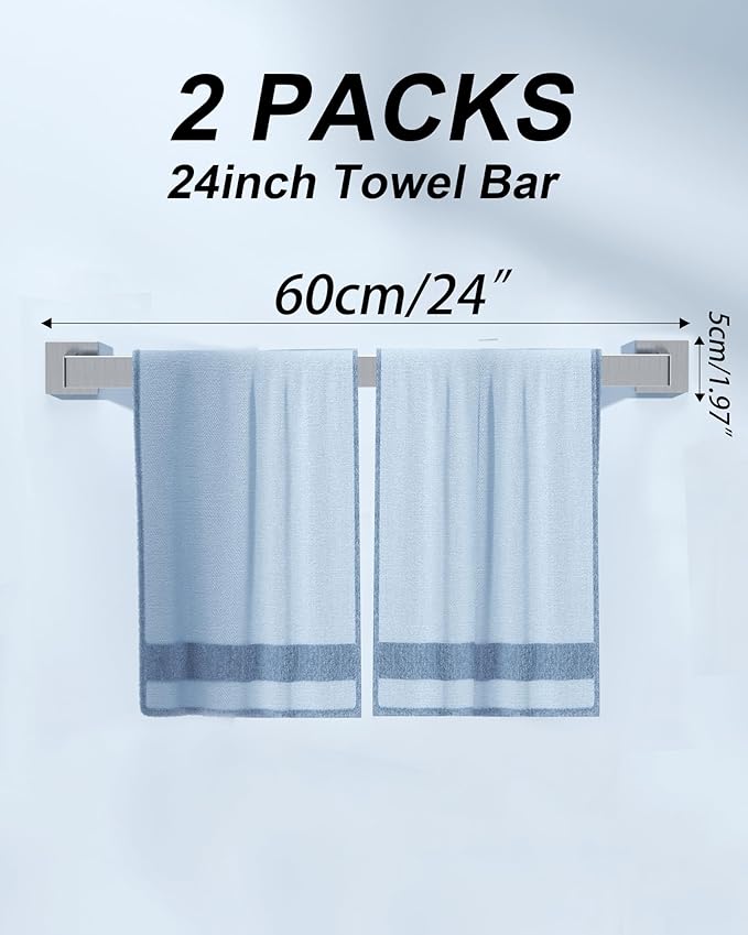 Brushed Nickel Bathroom Hardware Set, 10-Piece Stainless Steel Square Bathroom Towel Rack Set with 2× 24" Towel Bars, 2× TP Holders with Shelves, 2× Rings, 4× Robe Hooks