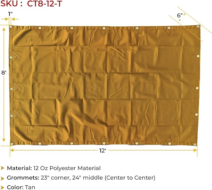 Mytee Products 8' x 12' Tan 12oz Canvas Tarp with Grommets - Water Resistant - Heavy Duty Canvas Tarps - Multipurpose Tarpaulin Cover for Canopy Tent, Roof, Camping, Semi Trucks & Cargo