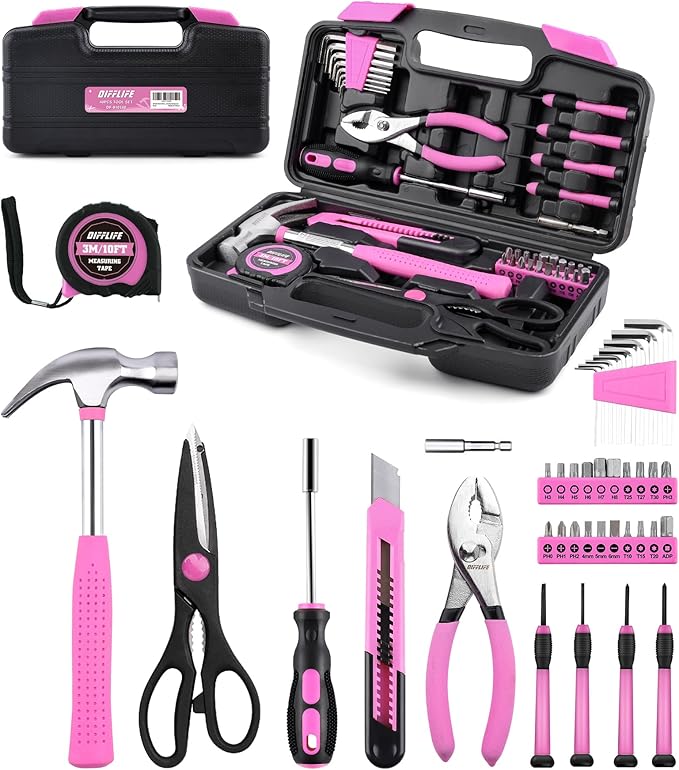 Tool Set Pink-40 Piece - General Household Hand Tool Kit with Plastic Toolbox Storage Case(Pink)