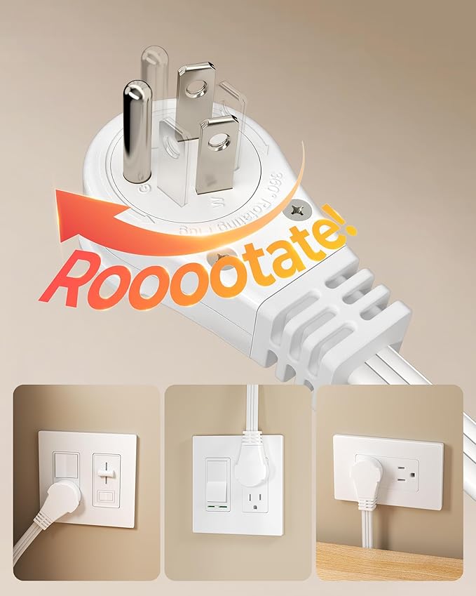 DEWENWILS 6FT Flat Plug Extension Cord, 3 Prong Ultra Thin Power Strip, 360° Rotating Plug, 13A/125V/1625W, 16 Awg Grounded Flat Power Cable for Indoor Narrow Space, SPT-3, ETL Listed, White