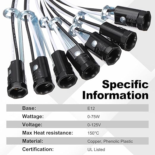 PATIKIL Candelabra Base Lamp Holder Light Socket, 6pcs UL Listed Keyless E12 Bulb Socket with 9.8" Wire Leads for E12 Incandescent LED Light Bulbs, 2.4" Tall