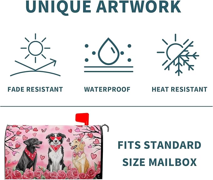 Kawani Valentine's Day Magnetic Mailbox Covers Pink Rose Heart and Dog Mailbox Covers Magnetic Standard Size 25.5x21 Inch Holiday Post Letter Box Cover for Anniversary Wedding Garden Yard Decor