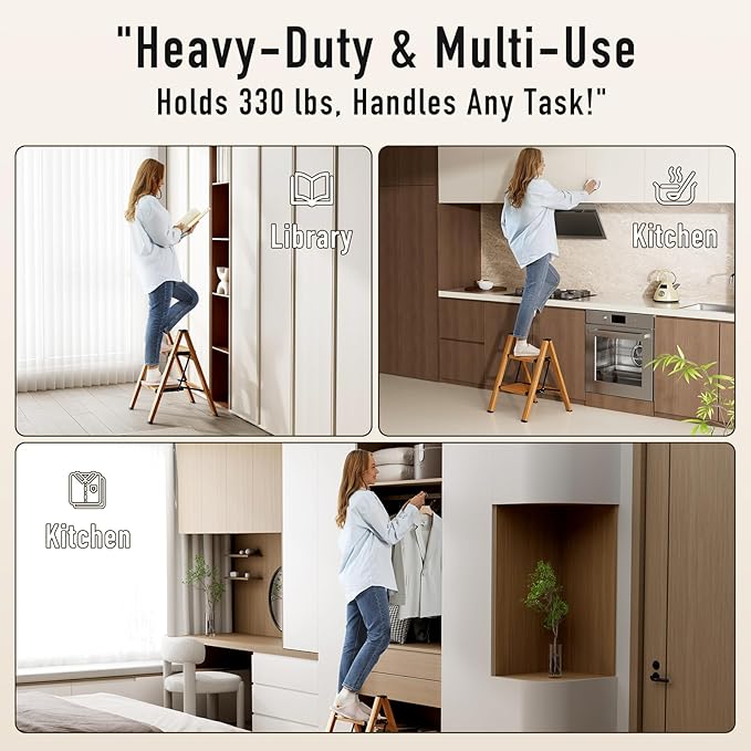 2 Step Ladder,Aluminum Folding Step Stool for Adults,Step Ladder with Wide Anti-Slip Pedal,330 lbs Capacity for Home,Office,Kitchen,Library(Woodgrain)