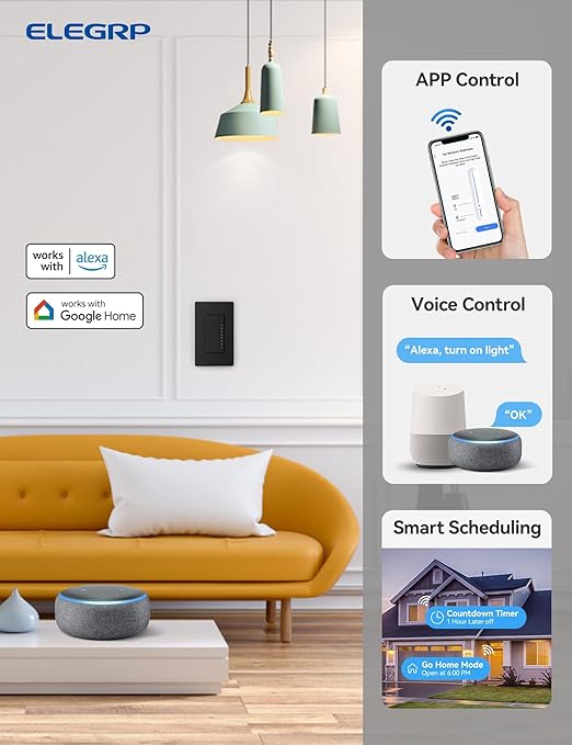 ELEGRP Smart Dimmer Light Switch DPR30, 2.4GHz Wi-Fi Dimmer Switch Compatible with Alexa and Google Assistant, Single Pole/3 Way, Needs Neutral Wire, No Hub Required, UL and FCC Listed, Black, 2 Pack