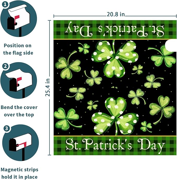 Kawani St Patrick's Day Magnetic Mailbox Covers Green Shamrock Lucky Clovers Mailbox Covers Magnetic Standard Size 25.5x21 Inch St Patricks Day Post Letter Box Cover for Garden Yard Decor