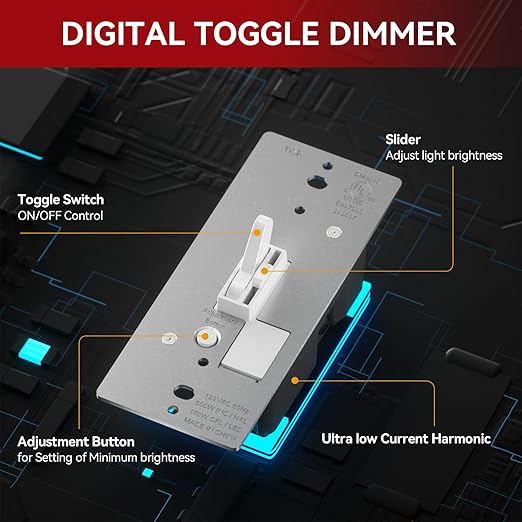 AIDA Toggle Slide Dimmer Switch for Dimmable LED Light/CFL/Incandescent 600 Watt max, Single-Pole or 3-Way, Rocker On/Off Wall Switch with Dimmer Slider, Wall Plate NOT Included, UL, White, 2 Pack
